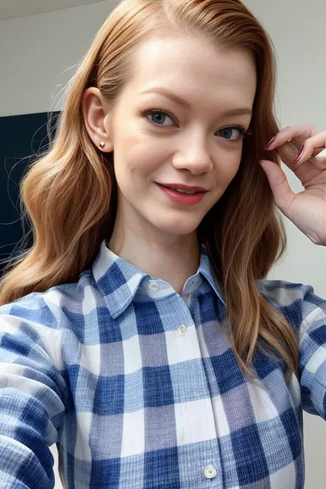 HD photo of beautiful mshn_erineverheart wearing a checkered shirt, closeup, blue eyes