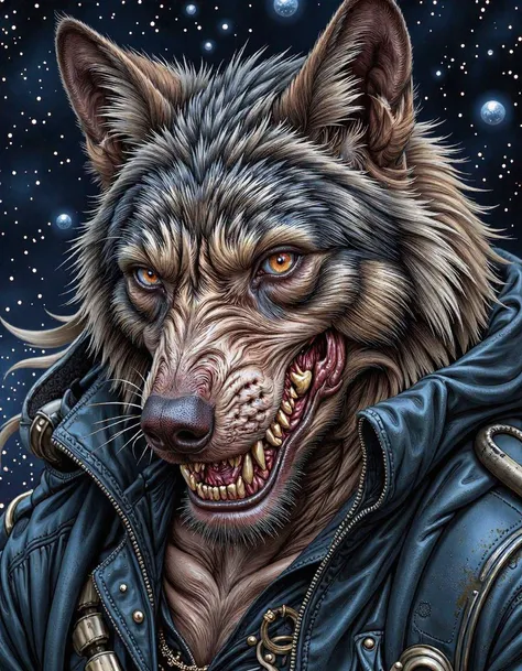 badmilk,macabre:1.0, serious evil bounty hunter werewolf wearing a muzzle, fantasy illustration, textured with large visible bru...