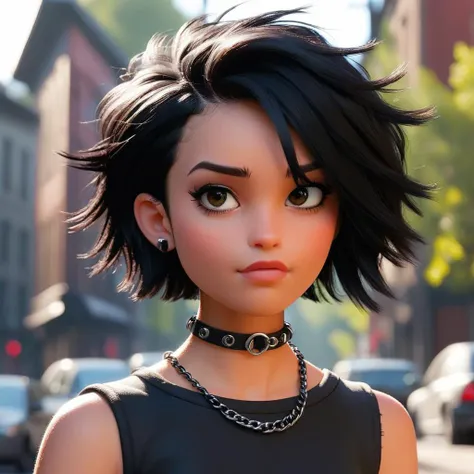 Pixar animation of a pretty punk woman with a choker with short black hair,  <lora:valkyrae_40_50_045_06:1.2>