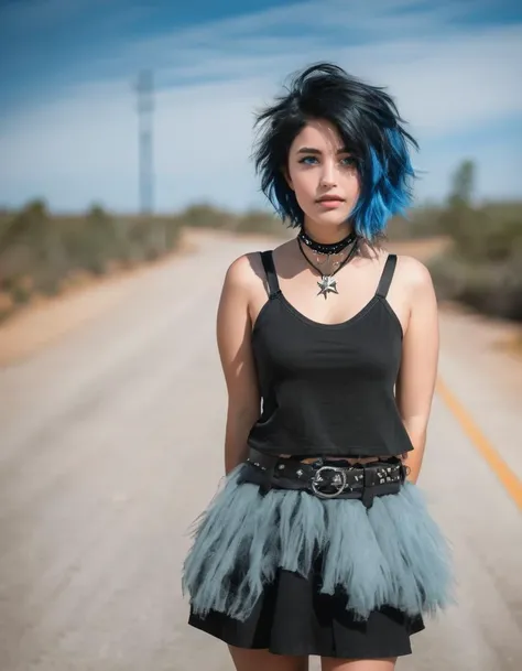 pretty punk woman with a choker with messy and short black hair, blue eyes, <lora:valkyrae_40_50_045_06:1.2>