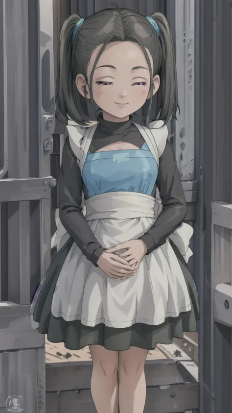 a woman in a maid outfit standing in front of a door