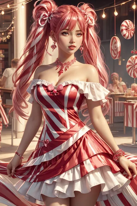 <lora:wrenchsweettail:0.8> wrenchsweettail, striped dress, off shoulder, jewelry, ribbon, candy cane, pink hair, multicolored hair, white hair, orange eyes, 1girl, full lips, puffy lips, twintails, absurdly long hair