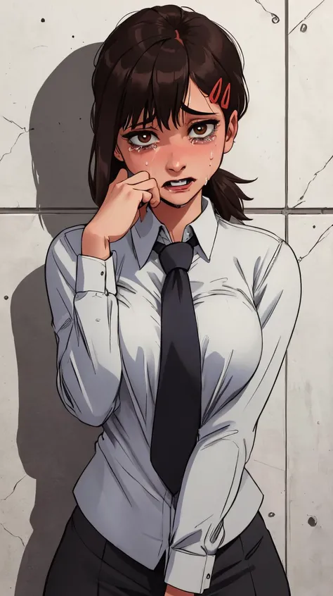 (sfw), (masterpiece:1.2), best quality, masterpiece, highres, original, extremely detailed wallpaper, (ultra-detailed), (best illustration), (best shadow), (realism), small breasts, perky breasts, business suit, holding a knife, crazy look, crazy eyes, yan...