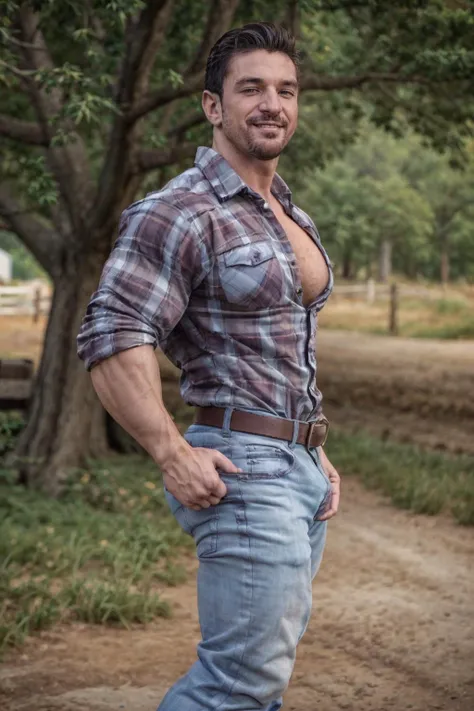 arafed man in a plaid shirt and jeans standing on a dirt road