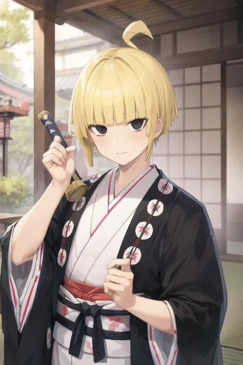 masterpiece, best quality, high quality, 1boy, solo, male focus, looking at viewer, upper body, <lora:fuchi_yamada_asaemon:0.58>, fuchi_yamada_asaemon, blonde hair, black eyes, , yukata