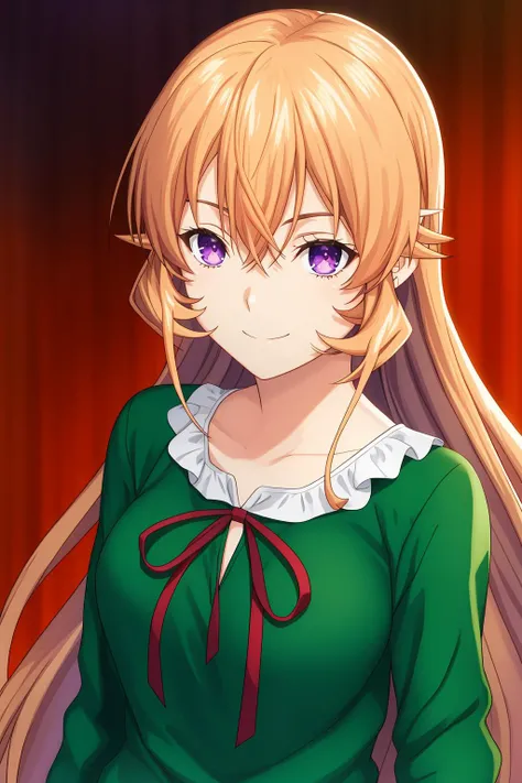 erina, 1girl, solo, long_hair, breasts, looking_at_viewer, bangs, blonde_hair, simple_background, brown_hair, long_sleeves, ribbon, hair_between_eyes, closed_mouth, purple_eyes, collarbone, upper_body, sidelocks, nightwear, black_ribbon, neck_ribbon, smile...