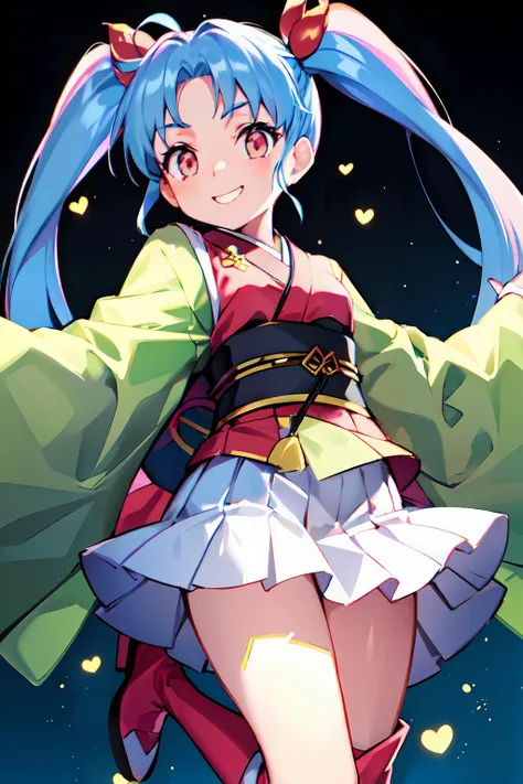 <lora:prettySummy_sammyV10:0.7>
sammy,1girl,solo,12yo girl,twin tail hair,white skirt,lite blue hair,smile,
red vest,black obi,pink kimono, YELLOW LONG BOOTS, green long-sleeves, open legs,magic effect background, in the sky,