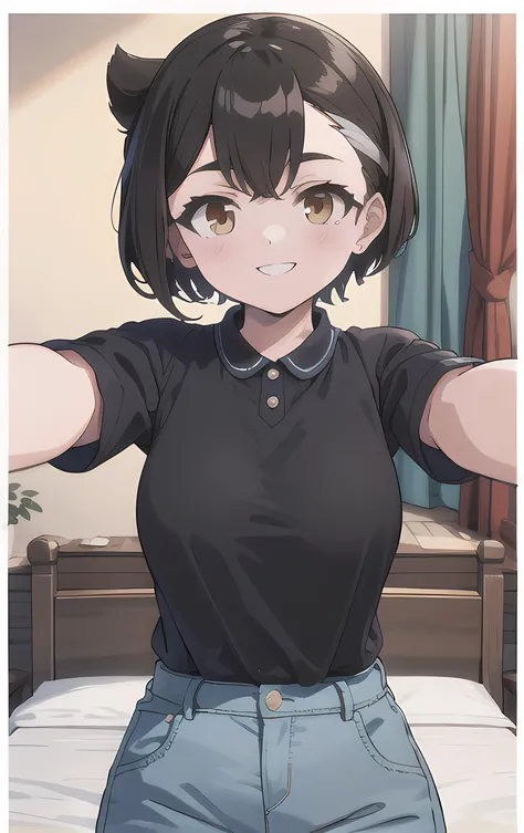 <lora:human_michiru:0.9>, 1 girl, solo, michiru_kagemori, black hair,short hair,brown eyes, (high quality, best quality, (4k), hi res, masterpiece, beautiful, high details), black shirt, <lora:incominghugAlpha16:1>, incoming hug, smile