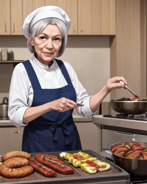 66 years  old woman cooking, (lamprey:1.1), grill