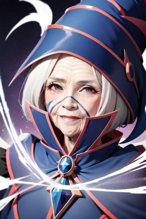 masterpiece,(high quality, best quality:1.2),smile, (realistic_nose:-1), (dark magician girl:1.1) , 80 years old woman, (an old ...