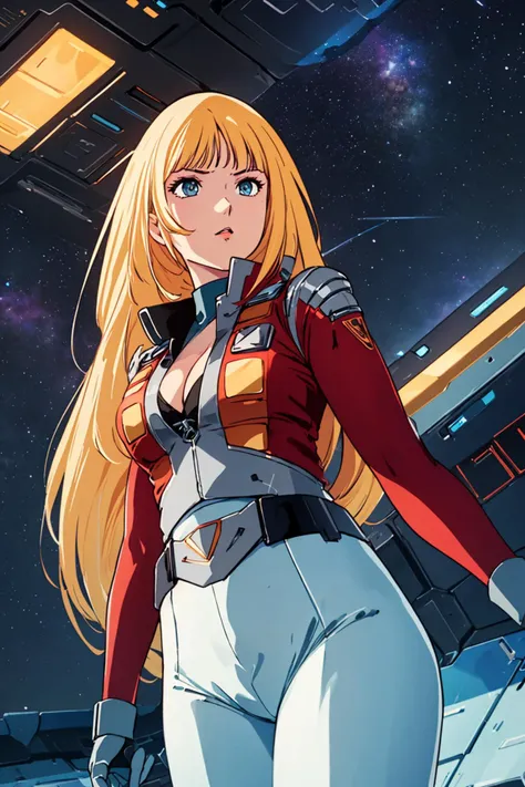 ((masterpiece)), (best quality), official art, extremely detailed CG, unity 8k wallpaper, ultra detailed, highly detailed,  1girl, alfin, blonde hair, long hair, solo, science fiction, in space ship , sexy pose, large breasts, cleavage, 
serious, from belo...