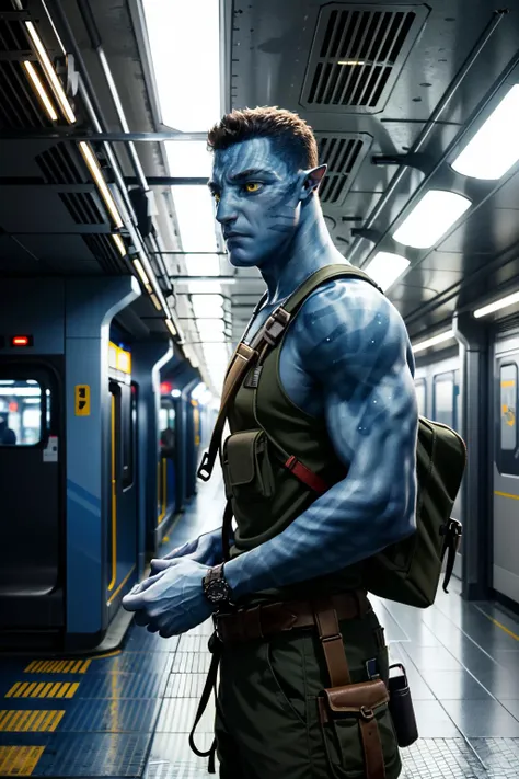 a close up of a man in a blue costume standing in a subway