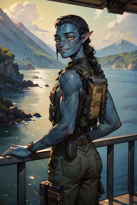 a woman with blue skin and a backpack standing on a balcony