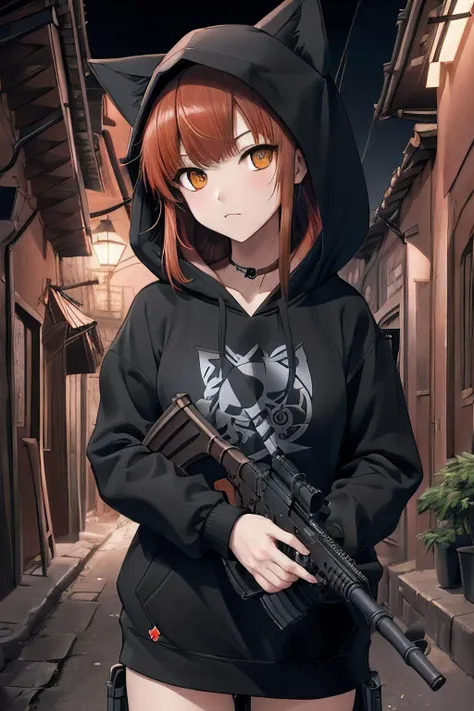 ultra detailed, sharp focus, best quality, masterpiece, colorful, night time, 1 girl, child, red hair, dark alleyway, (holding a machine gun), <lora:p0tatcaho:1> p0tatcaho, black hoodie, black wolf hoodie, best quality, masterpiece, intricate details