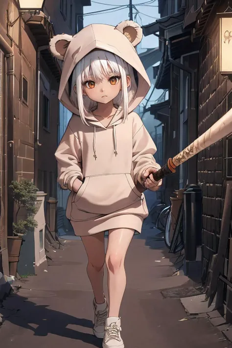 ultra detailed, sharp focus, best quality, masterpiece, colorful, night time, 1 girl, child, white hair, dark alleyway, (holding a baseball bat), <lora:p0tatcaho:1> p0tatcaho, brown hoodie, brown bear hoodie, best quality, masterpiece, intricate details