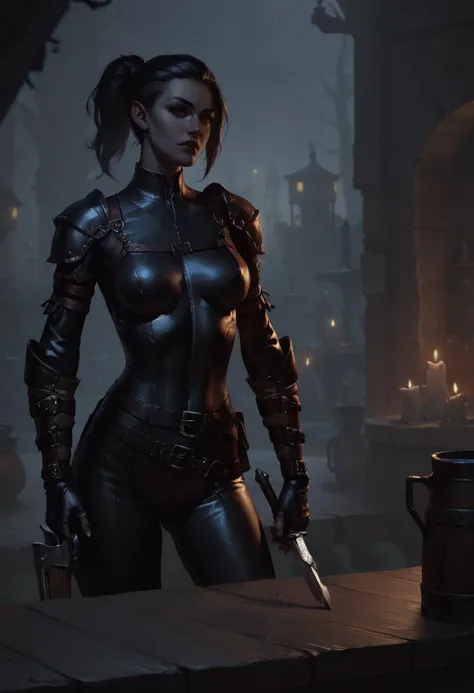 a woman in a black leather outfit holding a knife