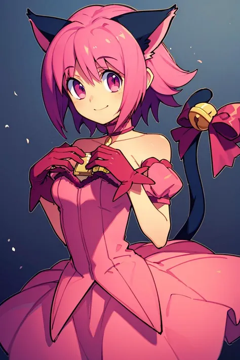 anime girl in pink dress with cat ears and tail holding a bell