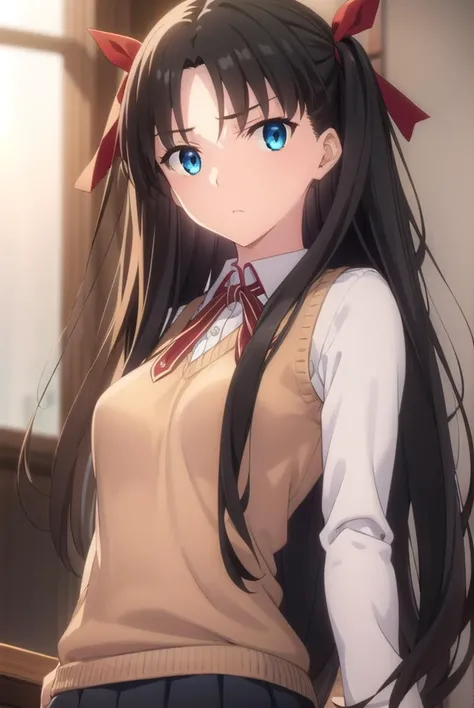 rintohsaka, <lora:rin tohsaka ubw-lora-nochekaiser:1>, 
rin tohsaka, aqua eyes, (black hair:1.5), hair ribbon, long hair, ribbon, sidelocks, two side up, (parted bangs:1.5),
BREAK (brown sweater vest:1.2), collared shirt, homurahara academy school uniform,...