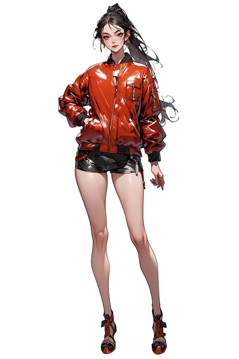 tariq, illustration, ink color, watercolors, 1girl, solo, long legs, catwalk, full body shot, beauteous, bomber jacket, copper, bar earrings, ponytail holder, white background, <lora:add_detail:1>, <lora:anumtariq-04:1>, <lora:fashigirl-v5.5:0.8>