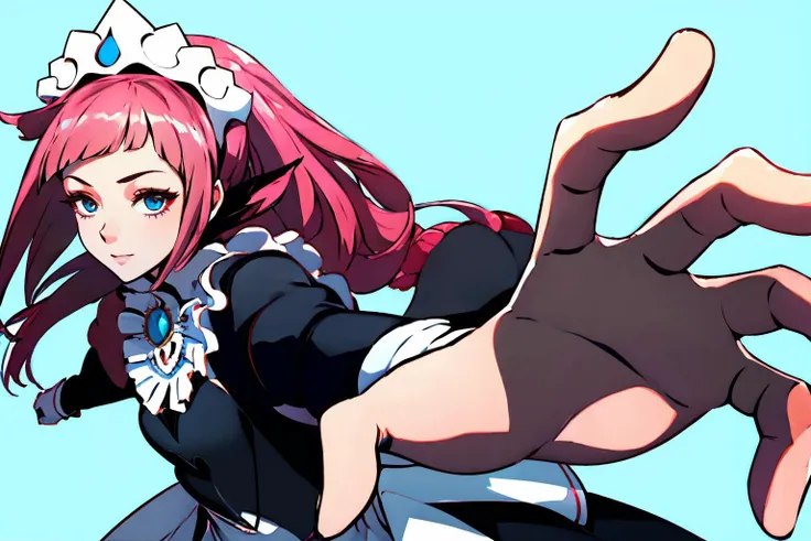 anime girl with pink hair and blue eyes in a black and white outfit