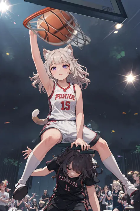 masterpiece, bst quality, solo, 1girl, (slam dunk, hanging onto hoop:1.5), (basketball court, audience, crowds, basketball uniform:1.5), indoors, from above, full body, <lora:Genshin_Little_Lynette_v3-000055:0.6:lbw=MIDD>, (long hair:1.5), cat ears, purple...