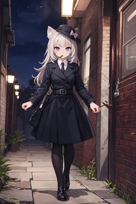 masterpiece, best quality, solo, 1girl, (full body, detective, grey trenchcoat, grey fedora, tobacco pipe in mouth, seedy alleyway, night time, looking around at surroundings:1.5), outdoors, walking, <lora:Genshin_Little_Lynette_v3-000055:0.6:lbw=MIDD>, (l...