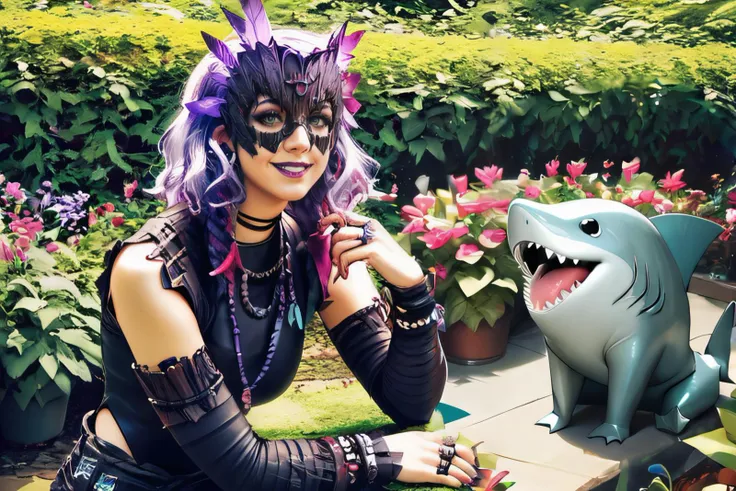 there is a woman with purple hair and a shark mask