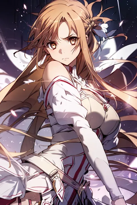 a woman in a white dress with long hair and a sword