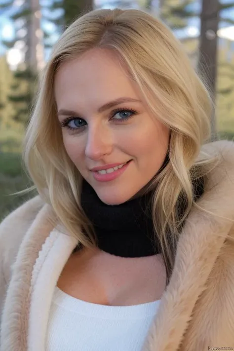 RAW, al3n4c, upper body, amateur, facial focus, looking at viewer, blonde, perfect face, stunning eyes, sfw, adorable smile, in a sweater and fur coat, on an alaskan ski trail, 8k uhd, sfw