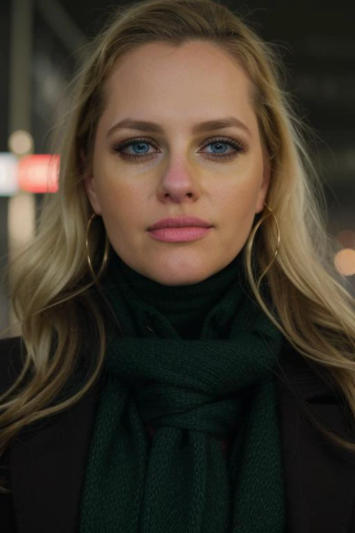 RAW, safe for work, al3n4c, upper body, facial focus, looking at viewer, blonde, perfect face, stunning eyes, no cleavage, scarf, turtleneck, detective trench coat, in a rainy city, overcast, ominous green lighting, 8k uhd