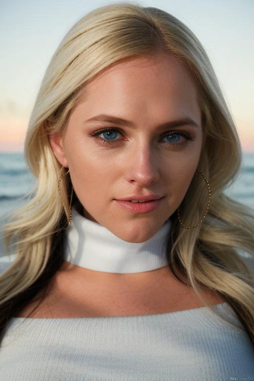 RAW, safe for work, al3n4c, upper body, facial focus, looking at viewer, blonde, perfect face, stunning eyes, white knit turtleneck sweater, on the beach at night, bokeh, 8k uhd