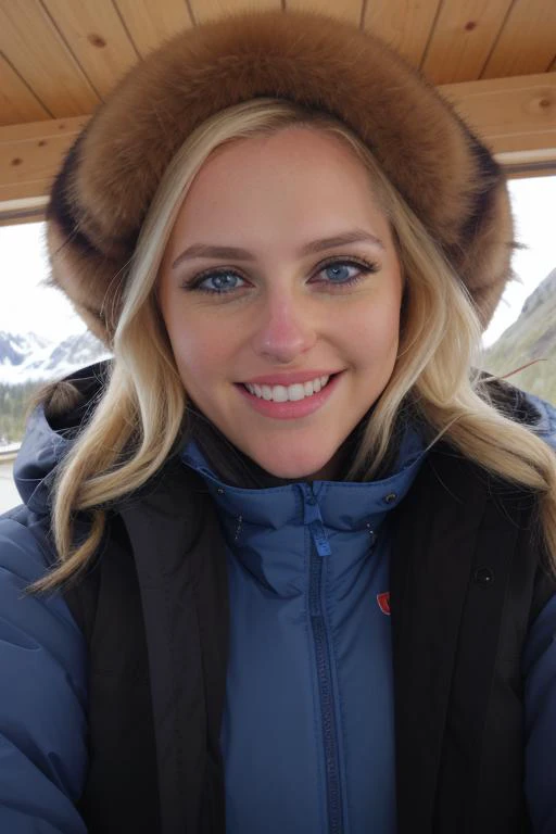 RAW, al3n4c, upper body, amateur, facial focus, looking at viewer, blonde, perfect face, stunning eyes, sfw, cute grin, in a parka, in an alaskan ski resort, orchids, 8k uhd, sfw