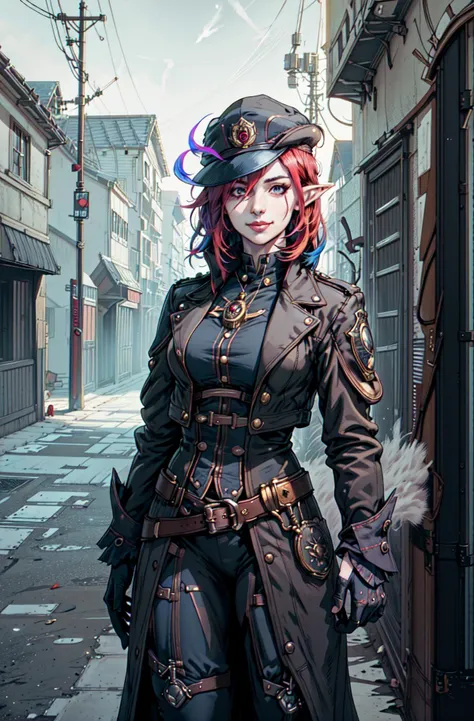 arafed woman in steampunk outfit standing on a street corner