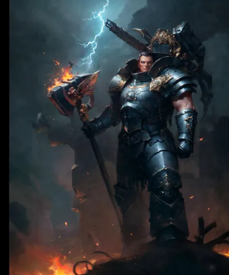 a man in armor holding a large axe standing in front of a fire