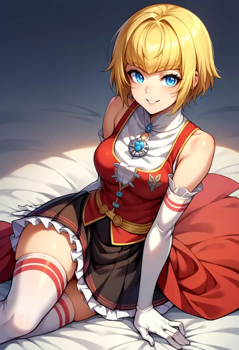 anime girl with blonde hair and blue eyes laying on a bed