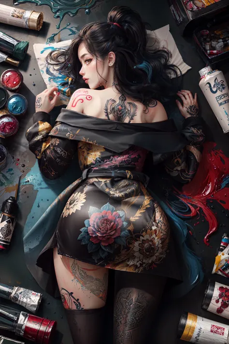 a woman laying on a table with lots of makeup and tattoo