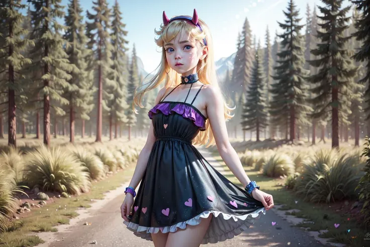 (star butterfly:1), star vs. the forces of evil,  (horn hairband:1), (hearts on cheeks:1),(dress), (rainbow outfit:1), (knee length dress), (long blonde hair), ((blue eyes)), cartoony facial features, large round eyes, blonde hair, (dress:1.2), (realistic:...