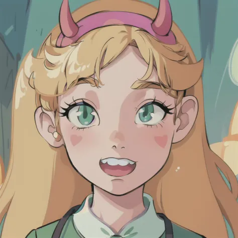 (masterpiece, best quality, high resolution:1.4), 1girl, woman, star butterfly, green squid outfit, horn hairband, smile, looking at viewer <lora:StarButterfly_v1.1:1>