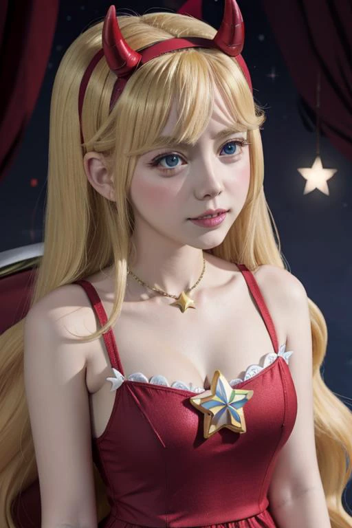 blonde,30 years old star butterfly than skin, red horn hairband ,blue outfit  <lora:StarButterfly_v1.1:0.4> <lora:Dark bride_20230704155508:0.3>