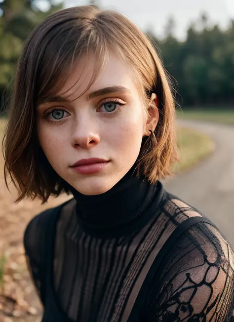 a close up of a woman with a black turtle neck top