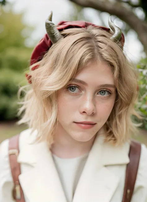 blond woman with horns and a red bow on her head