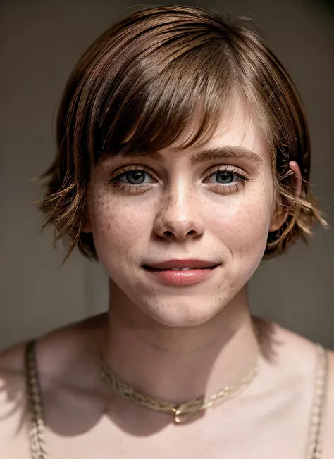 a close up of a woman with a necklace on her neck