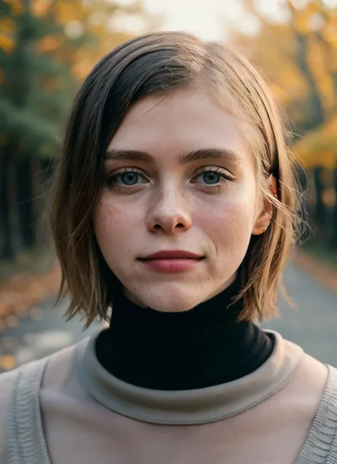 a close up of a woman with a turtle neck sweater on