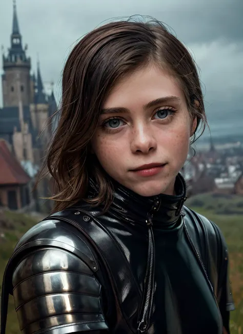 a close up of a woman in a leather jacket and armor