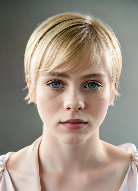 a close up of a woman with a short blond hair