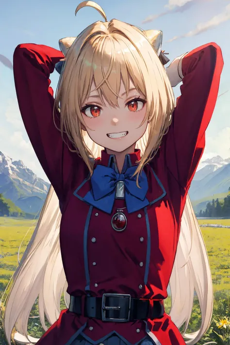 (masterpiece), best quality, from , grin, stretching arms, upper body, portrait, 
1girl, solo, long hair, blonde hair, cone hair bun, hair ornament, hair intakes, ahoge, bangs, red eyes, blue bowtie, red jacket, red coat, long sleeves, belt, white skirt, g...