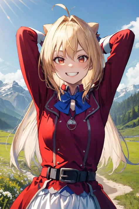 (masterpiece), best quality, from , grin, stretching arms, upper body, portrait, 
1girl, solo, long hair, blonde hair, cone hair bun, hair ornament, hair intakes, ahoge, bangs, red eyes, blue bowtie, red jacket, red coat, long sleeves, belt, white skirt, g...