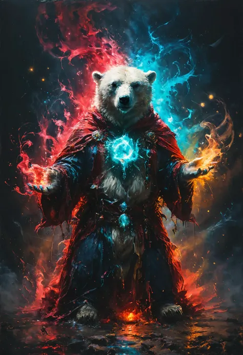 (anthropomorphic Polar bear:1.3) warlock casting a spell, <lora:Disturbia:0.6>, <lora:SDXLFaeTastic2400:0.8>, Cinematic lighting, <lora:gorgoeus_splash_of_vibrant_paint:0.7> Gorgeous splash of vibrant paint,  <lora:hkmagicV2:0.8> hkmagic