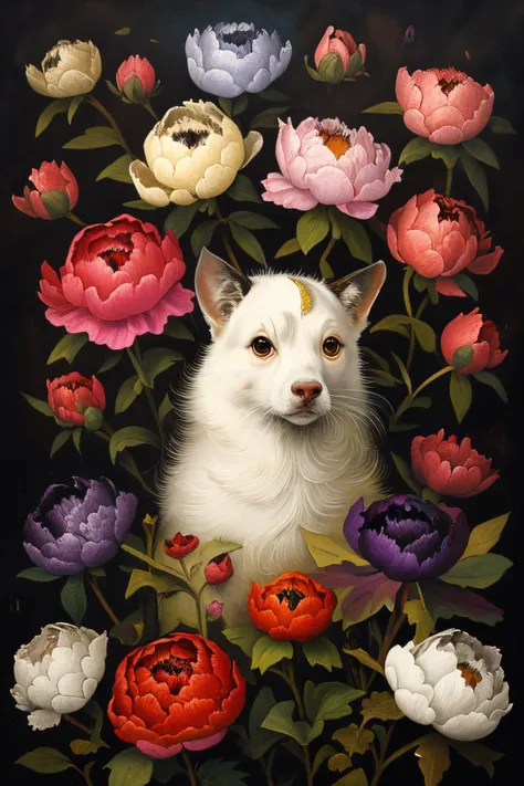 masterpiece,best quality,<lora:tbh176-:0.9>,illustration,style of  Lowell Herrero, decaying peonies