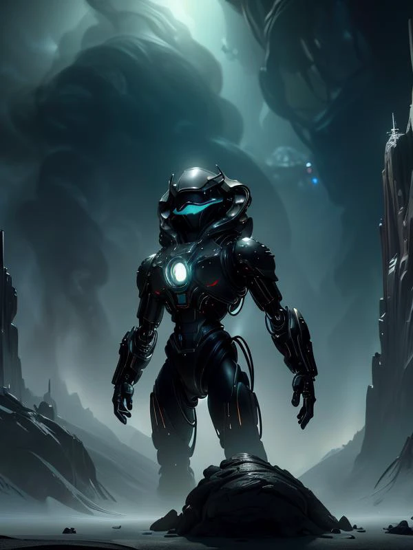 a man in a futuristic suit standing on a rock in front of a giant alien creature